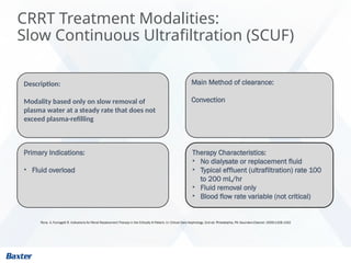 CRRT Treatment Modalities:
Slow Continuous Ultrafiltration (SCUF)
Rona A, Fumagalli R. Indications for Renal Replacement Therapy in the Critically Ill Patient. In: Critical Care Nephrology; 2nd ed. Philadelphia, PA: Saunders Elsevier; 2009:1328-1332
Description:
Modality based only on slow removal of
plasma water at a steady rate that does not
exceed plasma-refilling
Main Method of clearance:
Convection
Therapy Characteristics:
• No dialysate or replacement fluid
• Typical effluent (ultrafiltration) rate 100
to 200 mL/hr
• Fluid removal only
• Blood flow rate variable (not critical)
Primary Indications:
• Fluid overload
 