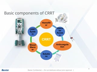 8
Basic components of CRRT
Baxter Confidential — Do not distribute without prior approval |
CRRT
Hemofilt
er
Vascu
lar
Acces
s
Anticoagula
tion
Solutio
ns
Blood
Warm
er
CRRT
Syste
m
 