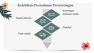 Keuntungan
dinikmati sendiri
Fleksibel
Mudah dibentuk
Pajak rendah
Kelebihan Perusahaan Perseorangan
 