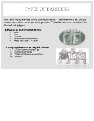 TYPES OF BARRIERS
We face many barriers while communicating. These barriers can create
obstacles in the communication process. These barriers are classified into
the following types.
1. Physical or Environmental Barriers:
i. Noise
ii. Time
iii. Distance
iv. High T
emperature/Humidity
v. Wrong S
electionof Medium
2. Language/Semantic or Linguistic Barriers:
i. Lack of Common language
ii. Multiplicity of Words
iii. Wordswith S
imilarpronunciation
iv. Jargons
 