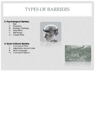 TYPES OF BARRIERS
3. Psychological Barriers:
i. Ego
ii. Prejudice
iii. Emotion /Feelings
iv. Halo Effect
v
. S
elf Image
vi. Closed Mind
4. Socio-Cultural Barriers:
i. Concept of T
ime
ii. Assumption about Caste
iii. Body Language
iv. Concept of S
pace
 