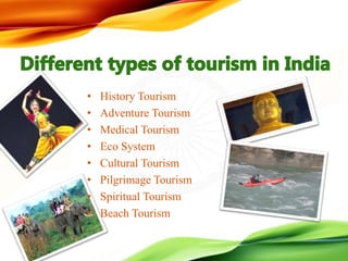 • History Tourism
• Adventure Tourism
• Medical Tourism
• Eco System
• Cultural Tourism
• Pilgrimage Tourism
• Spiritual Tourism
• Beach Tourism
 