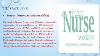 2.AT STATE LEVEL
• Student Nurses Association (SNA)
The student Nurses Association (SNA) is nationwide
organisation .It was established in 1929 at time of
annual conference of TNAI and SNA used to have
combined annual conference but due to increase in
number of delegates, it was felt in 1960 to hold a
separate conference for the student Nurses .Since
1961,student Nurses are having binnial conferences
.The students are being more and more responsible to
manage their affairs both at State and national level.
 