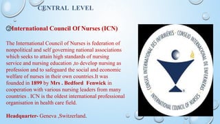 CENTRAL LEVEL
🙂International Council Of Nurses (ICN)
The International Council of Nurses is federation of
nonpolitical and self governing national associations
which seeks to attain high standards of nursing
service and nursing education ,to develop nursing as
profession and to safeguard the social and economic
welfare of nurses in their own countries.It was
founded in 1899 by Mrs . Bedford Fenwick in
cooperation with various nursing leaders from many
countries . ICN is the oldest international professional
organisation in health care field.
Headquarter- Geneva ,Switzerland.
 