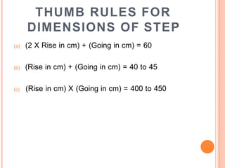 THUMB RULES FOR
DIMENSIONS OF STEP
(a) (2 X Rise in cm) + (Going in cm) = 60
(b) (Rise in cm) + (Going in cm) = 40 to 45
(c) (Rise in cm) X (Going in cm) = 400 to 450
 