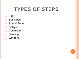 TYPES OF STEPS
Flier
Bull Nose
Round Ended
Splayed
Commode
Dancing
Winders
(a)
(b)
(c)
(d)
(e)
(f)
(g)
 
