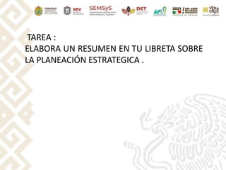 TAREA :
ELABORA UN RESUMEN EN TU LIBRETA SOBRE
LA PLANEACIÓN ESTRATEGICA .
 