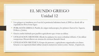 EL MUNDO GRIEGO
Unidad 12
• Los griegos se instalaron en el sur de la península balcánica hacia el 2000 a.c desde allí se
expandieron Por el mar Egeo.
• POBLACIÓN GRIEGA: Pueblo de origen indoeuropeo, los primero fueron los Aqueos,
Eólicos y Jonios.
• Grecia estaba habitada por pueblos agricultores que vivían en aldeas.
• CIVILIZACION CRETENSE: Desde los palacios los reyes cobraban tributos A las aldeas
campesinas. Desarrollaron un sistema de escritura llamado lineal.
• CIVILIZACIÓN MICÉNICA: Grupo de pastores y agricultores organizados en clanes.
Gracias a su superiorioridad militar crearon numerosos reinos como Atenas , Esparta etc.
 