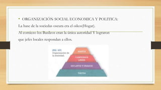 • ORGANIZACIÓN SOCIAL ECONOMICA Y POLITICA:
La base de la sociedas oscura era el oikos(Hogar).
Al comiezo los Basileos eran la única autoridad Y lograron
que jefes locales respondan a ellos.
 