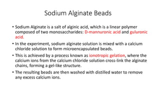 Sodium Alginate Beads
• Sodium Alginate is a salt of alginic acid, which is a linear polymer
composed of two monosaccharides: D-mannuronic acid and guluronic
acid.
• In the experiment, sodium alginate solution is mixed with a calcium
chloride solution to form microencapsulated beads.
• This is achieved by a process known as ionotropic gelation, where the
calcium ions from the calcium chloride solution cross-link the alginate
chains, forming a gel-like structure.
• The resulting beads are then washed with distilled water to remove
any excess calcium ions.
 