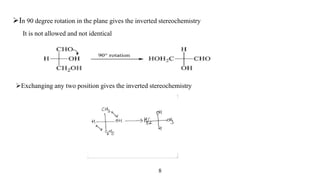 In 90 degree rotation in the plane gives the inverted stereochemistry
It is not allowed and not identical
Exchanging any two position gives the inverted stereochemistry
8
 