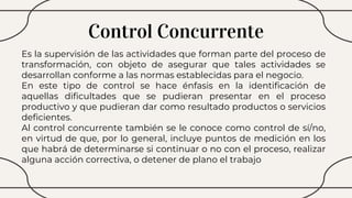 Control Concurrente
Es la supervisión de las actividades que forman parte del proceso de
transformación, con objeto de asegurar que tales actividades se
desarrollan conforme a las normas establecidas para el negocio.
En este tipo de control se hace énfasis en la identificación de
aquellas dificultades que se pudieran presentar en el proceso
productivo y que pudieran dar como resultado productos o servicios
deficientes.
Al control concurrente también se le conoce como control de sí/no,
en virtud de que, por lo general, incluye puntos de medición en los
que habrá de determinarse si continuar o no con el proceso, realizar
alguna acción correctiva, o detener de plano el trabajo
 