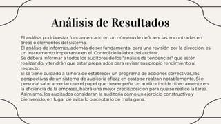 Análisis de Resultados
El análisis podría estar fundamentado en un número de deficiencias encontradas en
áreas o elementos del sistema.
El análisis de informes, además de ser fundamental para una revisión por la dirección, es
un instrumento importante en el. Control de la labor del auditor.
Se deberá informar a todos los auditores de los "análisis de tendencias" que estén
realizando, y tendrán que estar preparados para revisar sus propio rendimiento al
respecto.
Si se tiene cuidado a la hora de establecer un programa de acciones correctivas, las
perspectivas de un sistema de auditoria eficaz en costo se realzan notablemente. Si el
personal sabe apreciar que el papel que desempeña un auditor incide directamente en
la eficiencia de la empresa, habrá una mejor predisposición para que se realice la tarea.
Asimismo, los auditados consideran la auditoria como un ejercicio constructivo y
bienvenido, en lugar de evitarlo o aceptarlo de mala gana.
 