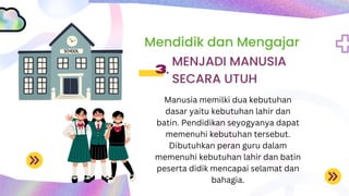 Mendidik dan Mengajar
3.
MENJADI MANUSIA
SECARA UTUH
Manusia memilki dua kebutuhan
dasar yaitu kebutuhan lahir dan
batin. Pendidikan seyogyanya dapat
memenuhi kebutuhan tersebut.
Dibutuhkan peran guru dalam
memenuhi kebutuhan lahir dan batin
peserta didik mencapai selamat dan
bahagia.
 