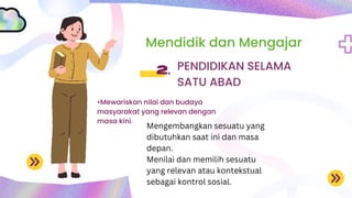 Mendidik dan Mengajar
2.
•Mewariskan nilai dan budaya
masyarakat yang relevan dengan
masa kini.
PENDIDIKAN SELAMA
SATU ABAD
Mengembangkan sesuatu yang
dibutuhkan saat ini dan masa
depan.
Menilai dan memilih sesuatu
yang relevan atau kontekstual
sebagai kontrol sosial.
 