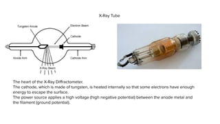 X-Ray Tube
The heart of the X-Ray Diﬀractometer.
The cathode, which is made of tungsten, is heated internally so that some electrons have enough
energy to escape the surface.
The power source applies a high voltage (high negative potential) between the anode metal and
the ﬁlament (ground potential).
 