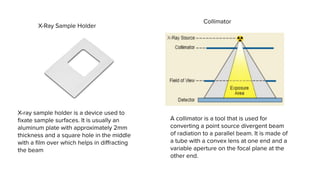 X-Ray Sample Holder
X-ray sample holder is a device used to
ﬁxate sample surfaces. It is usually an
aluminum plate with approximately 2mm
thickness and a square hole in the middle
with a ﬁlm over which helps in diﬀracting
the beam
Collimator
A collimator is a tool that is used for
converting a point source divergent beam
of radiation to a parallel beam. It is made of
a tube with a convex lens at one end and a
variable aperture on the focal plane at the
other end.
 