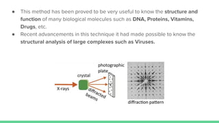 ● This method has been proved to be very useful to know the structure and
function of many biological molecules such as DNA, Proteins, Vitamins,
Drugs, etc.
● Recent advancements in this technique it had made possible to know the
structural analysis of large complexes such as Viruses.
 