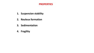 PROPERTIES
1. Suspension stability
2. Rouleux formation
3. Sedimentation
4. Fragility
 