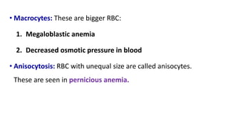 • Macrocytes: These are bigger RBC:
1. Megaloblastic anemia
2. Decreased osmotic pressure in blood
• Anisocytosis: RBC with unequal size are called anisocytes.
These are seen in pernicious anemia.
 