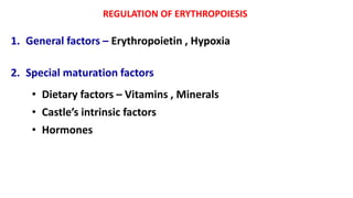 REGULATION OF ERYTHROPOIESIS
1. General factors – Erythropoietin , Hypoxia
2. Special maturation factors
• Dietary factors – Vitamins , Minerals
• Castle’s intrinsic factors
• Hormones
 