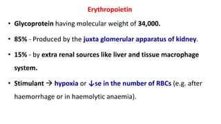 Erythropoietin
• Glycoprotein having molecular weight of 34,000.
• 85% - Produced by the juxta glomerular apparatus of kidney.
• 15% - by extra renal sources like liver and tissue macrophage
system.
• Stimulant  hypoxia or ↓se in the number of RBCs (e.g. after
haemorrhage or in haemolytic anaemia).
 