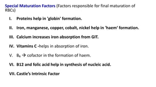 Special Maturation Factors (Factors responsible for final maturation of
RBCs)
I. Proteins help in 'globin' formation.
II. Iron, manganese, copper, cobalt, nickel help in 'haem‘ formation.
III. Calcium increases iron absorption from GIT.
IV. Vitamins C -helps in absorption of iron.
V. B₆  cofactor in the formation of haem.
VI. B12 and folic acid help in synthesis of nucleic acid.
VII. Castle’s Intrinsic Factor
 