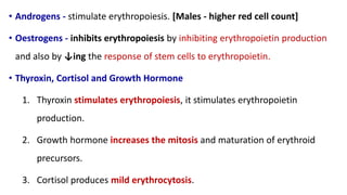 • Androgens - stimulate erythropoiesis. [Males - higher red cell count]
• Oestrogens - inhibits erythropoiesis by inhibiting erythropoietin production
and also by ↓ing the response of stem cells to erythropoietin.
• Thyroxin, Cortisol and Growth Hormone
1. Thyroxin stimulates erythropoiesis, it stimulates erythropoietin
production.
2. Growth hormone increases the mitosis and maturation of erythroid
precursors.
3. Cortisol produces mild erythrocytosis.
 