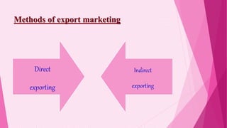 Methods of export marketing
Direct
exporting
Indirect
exporting
 