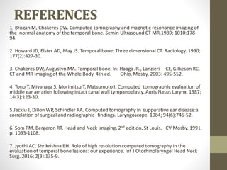 REFERENCES
1. Brogan M, Chakeres DW. Computed tomography and magnetic resonance imaging of
the normal anatomy of the temporal bone. Semin Ultrasound CT MR.1989; 1010:178-
94.
2. Howard JD, Elster AD, May JS. Temporal bone: Three dimensional CT. Radiology. 1990;
177(2):427-30.
3. Chakeres DW, Augustyn MA. Temporal bone. In: Haaga JR., Lanzieri CF, Gilkeson RC.
CT and MR Imaging of the Whole Body. 4th ed. Ohio, Mosby, 2003: 495-552.
4. Tono T, Miyanaga S, Morimitsu T, Matsumoto I. Computed tomographic evaluation of
middle ear aeration following intact canal wall tympanoplasty. Auris Nasus Larynx. 1987;
14(3):123-30.
5.Jacklu J, Dillon WP, Schindler RA. Computed tomography in suppurative ear disease:a
correlation of surgical and radiographic findings. Laryngoscope. 1984; 94(6):746-52.
6. Som PM, Bergeron RT. Head and Neck Imaging, 2nd edition, St Louis, CV Mosby, 1991,
p. 1093-1108.
7. Jyothi AC, Shrikrishna BH. Role of high resolution computed tomography in the
evaluation of temporal bone lesions: our experience. Int J Otorhinolaryngol Head Neck
Surg. 2016; 2(3):135-9.
 
