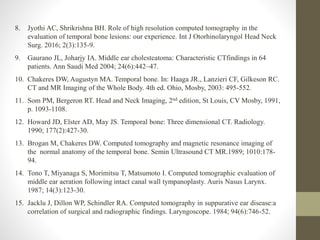 8. Jyothi AC, Shrikrishna BH. Role of high resolution computed tomography in the
evaluation of temporal bone lesions: our experience. Int J Otorhinolaryngol Head Neck
Surg. 2016; 2(3):135-9.
9. Gaurano JL, Joharjy IA. Middle ear cholesteatoma: Characteristic CTfindings in 64
patients. Ann Saudi Med 2004; 24(6):442–47.
10. Chakeres DW, Augustyn MA. Temporal bone. In: Haaga JR., Lanzieri CF, Gilkeson RC.
CT and MR Imaging of the Whole Body. 4th ed. Ohio, Mosby, 2003: 495-552.
11. Som PM, Bergeron RT. Head and Neck Imaging, 2nd edition, St Louis, CV Mosby, 1991,
p. 1093-1108.
12. Howard JD, Elster AD, May JS. Temporal bone: Three dimensional CT. Radiology.
1990; 177(2):427-30.
13. Brogan M, Chakeres DW. Computed tomography and magnetic resonance imaging of
the normal anatomy of the temporal bone. Semin Ultrasound CT MR.1989; 1010:178-
94.
14. Tono T, Miyanaga S, Morimitsu T, Matsumoto I. Computed tomographic evaluation of
middle ear aeration following intact canal wall tympanoplasty. Auris Nasus Larynx.
1987; 14(3):123-30.
15. Jacklu J, Dillon WP, Schindler RA. Computed tomography in suppurative ear disease:a
correlation of surgical and radiographic findings. Laryngoscope. 1984; 94(6):746-52.
 