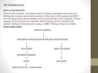 METHODOLOGY
DATAACQUISITION:
After clinical evaluation , the patients who are willing to participate in the study and
fulfilling the inclusion and exclusion criteria’s of the study will be subjected to HRCT
scan of temporal bone and the findings will be noted and data will be collected. Contrast
imaging will be used wherever indicated. HRCT findings will be correlated with
operative findings to determine the accuracy of HRCT findings wherever available.
STUDY FLOW CHART:
PATIENT’S ARRIVAL
SCREENING AS PER INCLUSION AND EXCLUSION CRITERIA.
FULFILMENT NON-FULFILMENT
INFORMED CONSENT
STUDY EXCLUSION
ANALYSIS, RESULT , CONCLUSION
 