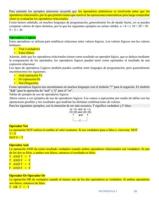 INFORMATICA 2 21
Para entender los ejemplos anteriores recuerda que los operadores aritméticos se resolverán antes que los
operadores relacionales, por lo que primero tienes que resolver las operaciones matemáticas para luego comprobar
cómo se evaluarían los operadores relacionales.
Como hemos señalado, en muchos lenguajes de programación, generalmente los de tipado fuerte, no se pueden
comparar valores de tipos distintos, por lo que los siguientes ejemplos no serían válidos: a < b < c 10 < 20 < 30
T > 5 < 30
Operadores Lógicos
Estos operadores se utilizan para establecer relaciones entre valores lógicos. Los valores lógicos son los valores
boléanos:
• True (verdadero)
• False (falso)
Además, dado que los operadores relacionales tienen como resultado un operador lógico, que se deduce mediante
la comparación de los operandos, los operadores lógicos pueden tener como operandos el resultado de una
expresión relacional.
Los tipos de operadores Lógicos también pueden cambiar entre lenguajes de programación, pero generalmente
encontraremos los siguientes:
• And (operación Y)
• Or (operación O)
• Not (Negación)
Como operadores lógicos nos encontramos en muchos lenguajes con el símbolo "!" para la negación. El símbolo
"&&" para la operación de "and" y !||" para el "or".
Tablas de ejemplo de uso de operadores lógicos
Ahora vamos a ver ejemplos de uso de operadores lógicos. Los vamos a representar por medio de tablas con las
operaciones posibles y los resultados que tendrían las distintas combinaciones de valores.
Para los siguientes ejemplos, con la intención de ser más escuetos, T significa verdadero y F falso.
Operador Not
La operación NOT realiza el cambio al valor contrario. Si era verdadero pasa a falso y viceversa. NOT
T = F
NOT F = T
Operador And
La operación AND da como resultado verdadero cuando ambos operadores relacionados son verdadero. Si uno
de los dos es falso, o ambos son falsos, entonces el resultado es falso.
T AND T = T
T AND F = F
F AND T = F
F AND F = F
Operador Or Operador Or
La operación OR da verdadero cuando al menos uno de los dos operadores es verdadero. Si ambos operadores
son falsos, entonces da falso.
T OR T = T
 