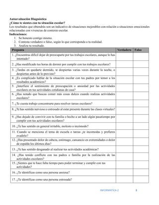 INFORMATICA 2 3
Autoevaluación Diagnóstica
¿Cómo te sientes con tu situación escolar?
Los resultados que obtendrás son un indicativo de situaciones mejorables con relación a situaciones emocionales
relacionadas con vivencias de contexto escolar.
Indicaciones:
1. Se honesto contigo mismo.
2. Contesta verdadero o falso, según lo que corresponda a tu realidad.
3. Analiza tu resultado.
Pregunta Verdadero Falso
1. ¿Encuentras difícil dejar de preocuparte por tus trabajos escolares, aunque lo has
intentado?
2. ¿Has modificado tus horas de dormir por cumplir con tus trabajos escolares?
3. ¿Tardas en quedarte dormido, te despiertas varias veces durante la noche, o
despiertas antes de lo previsto?
4. ¿Es complicado hablar de la situación escolar con tus padres por temor a los
resultados académicos?
5. ¿Interfiere el sentimiento de preocupación o ansiedad por las actividades
escolares en tus actividades cotidianas de casa?
6. ¿Has notado que buscas comer más cosas dulces cuando realizas actividades
escolares?
7. ¿Te cuesta trabajo concentrarte para resolver tareas escolares?
8. ¿Te has sentido nervioso o estresado al estar presente durante las clases virtuales?
9. ¿Has dejado de convivir con tu familia o hecho a un lado algún pasatiempo por
cumplir con tus actividades escolares?
10. ¿Te has sentido en general irritable, molesto o incómodo?
11. Cuando se menciona el tema de escuela o tareas ¿te incomodas y prefieres
evadirlo?
12. ¿Has presentado dolor de cabeza, estómago, cansancio en extremidades o dolor
de espalda los últimos días?
13. ¿Te has sentido desganado al realizar tus actividades académicas?
14. ¿Has tenido conflicto con tus padres o familia por la realización de las
actividades escolares?
15. ¿Sientes que te hace falta tiempo para poder terminar y cumplir con tus
actividades?
16. ¿Te identificas como una persona ansiosa?
17. ¿Te identificas como una persona estresada?
 