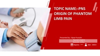 TOPIC NAME:-PNS
ORIGIN OF PHANTOM
LIMB PAIN
Presented by :-Apsar hussain
Raunak shabrin
Abdullah shifan
Reporter：*** Date：2019.4
 