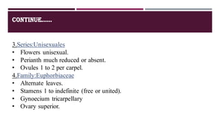CONTINUE......
3.Series:Unisexuales
• Flowers unisexual.
• Perianth much reduced or absent.
• Ovules 1 to 2 per carpel.
4.Family:Euphorbiaceae
• Alternate leaves.
• Stamens 1 to indefinite (free or united).
• Gynoecium tricarpellary
• Ovary superior.
 
