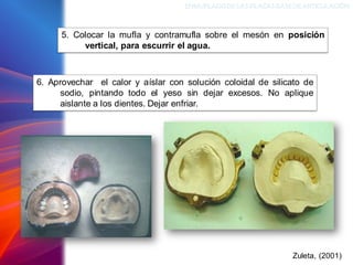 ENMUFLADODELAS PLACAS BASEDEARTICULACIÓN
Zuleta, (2001)
5. Colocar la mufla y contramufla sobre el mesón en posición
vertical, para escurrir el agua.
6. Aprovechar el calor y aíslar con solución coloidal de silicato de
sodio, pintando todo el yeso sin dejar excesos. No aplique
aislante a los dientes. Dejar enfriar.
 