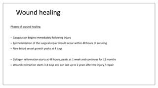 Wound healing
Phases of wound healing
• Coagulation begins immediately following injury
• Epithelialization of the surgical repair should occur within 48 hours of suturing
• New blood vessel growth peaks at 4 days
• Collagen reformation starts at 48 hours, peaks at 1 week and continues for 12 months
• Wound contraction starts 3-4 days and can last up to 2 years after the injury / repair
 