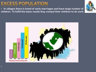 • In villages there is trend of early marriages and have large number of
children. To fulfill the basic needs they compel their children to do work.
•
 