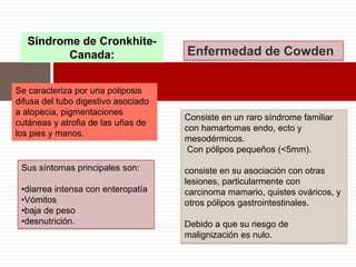 Síndrome de Cronkhite-
Canada:
Se caracteriza por una poliposis
difusa del tubo digestivo asociado
a alopecia, pigmentaciones
cutáneas y atrofia de las uñas de
los pies y manos.
Sus síntomas principales son:
•diarrea intensa con enteropatía
•Vómitos
•baja de peso
•desnutrición.
Consiste en un raro síndrome familiar
con hamartomas endo, ecto y
mesodérmicos.
Con pólipos pequeños (<5mm).
consiste en su asociación con otras
lesiones, particularmente con
carcinoma mamario, quistes ováricos, y
otros pólipos gastrointestinales.
Debido a que su riesgo de
malignización es nulo.
Enfermedad de Cowden
 