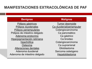 MANIFESTACIONES EXTRACOLÓNICAS DE PAF
Benignas Malignas
Pólipos gástricos
Pólipos duodenales
Pólipos periampulares
Pólipos de intestino delgado
Adenoma endocrino
Hiperpigmentación retiniana
hipertrófica
Osteoma
Alteraciones dentales
Adenoma duodenal
Adenoma de intestino delgado
Tumor desmoide
Ca duodenal/periampular
Colangiocarcinoma
Ca pancreático
Ca gástrico
Ca tiroideo
Colangiocarcinoma
Ca suprarrenal
Glioblastoma
Sarcoma osteógeno
Hepatoblastoma
 