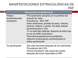 MANIFESTACIONES EXTRACOLÓNICAS DE
PAF
Alteraciones endodérmicas
Pólipos
duodenales/peri
ampulares
Principalmente ubicados en la periferia del
ámpula de Vater.
Prevalencia : 90% PAF
Dolor abdominal, perdida de peso, ictericia,
anemia, melena o vómito. Se debe realizar
panendoscopia y TAC.
Tx no está bien definido: Reporte de éxito tras
el uso de AINE (sulindaco)
Pancreatoduodenectomía profiláctica.
Ablación endoscópica contraindicada en
pólipo periampular.
Ca periampular 2do más frecuente después de Ca colorrectal.
Prevalencia del 2-3%
Clínica Cleveland. 2da causa de muerte
después del tumor desmoide en PAF.
 