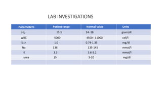 LAB INVESTIGATIONS
Parameters Patient range Normal value Units
Hb 15.3 14 -18 gram/dl
WBC 5000 4500 - 11000 cell/l
S.cr 1.0 0.74-1.35 mg/dl
Na 136 135-145 mmol/l
K 3.3 3.6-5.2 mmol/l
urea 15 5-20 mg/dl
 