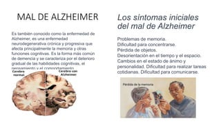 MAL DE ALZHEIMER
Es también conocido como la enfermedad de
Alzheimer, es una enfermedad
neurodegenerativa crónica y progresiva que
afecta principalmente la memoria y otras
funciones cognitivas. Es la forma más común
de demencia y se caracteriza por el deterioro
gradual de las habilidades cognitivas, el
pensamiento y el comportamiento.
Los síntomas iniciales
del mal de Alzheimer
Problemas de memoria.
Dificultad para concentrarse.
Pérdida de objetos.
Desorientación en el tiempo y el espacio.
Cambios en el estado de ánimo y
personalidad. Dificultad para realizar tareas
cotidianas. Dificultad para comunicarse.
 