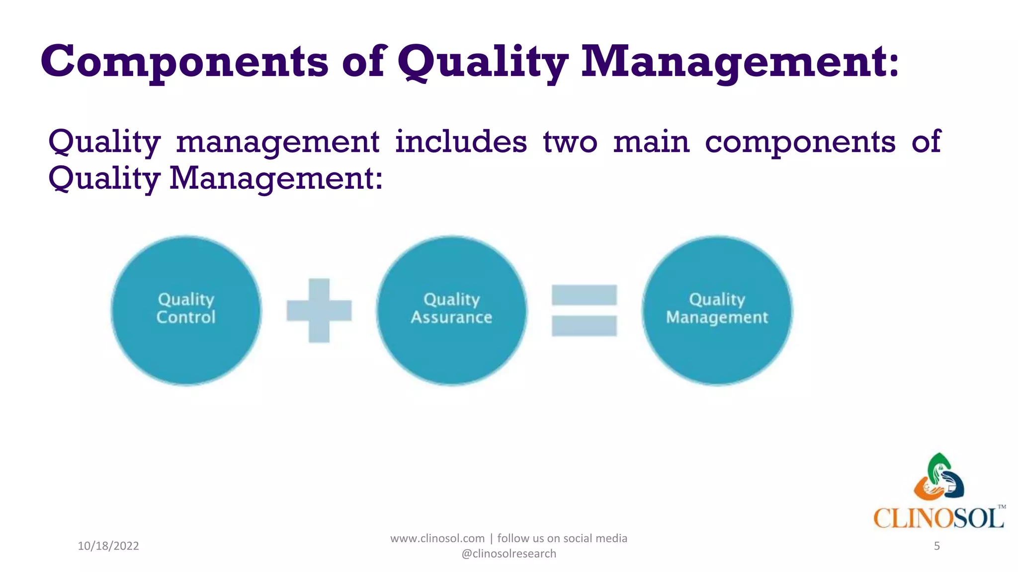 Components of Quality Management:
Quality management includes two main components of
Quality Management:
10/18/2022
www.clinosol.com | follow us on social media
@clinosolresearch
5
 