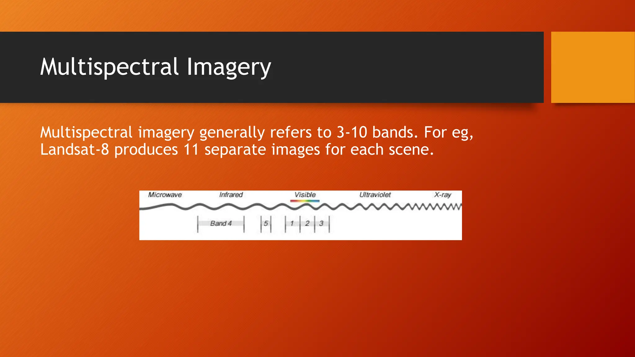 Multispectral Imagery
Multispectral imagery generally refers to 3-10 bands. For eg,
Landsat-8 produces 11 separate images for each scene.
 