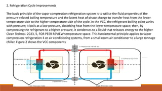 2. Refrigeration Cycle Improvements
The basic principle of the vapor compression refrigeration system is to utilise the fluid properties of the
pressure-related boiling temperature and the latent heat of phase change to transfer heat from the lower
temperature side to the higher temperature side of the cycle. In the VCC, the refrigerant boiling point varies
with pressure; it boils at a low pressure, absorbing heat from the lower temperature space; then, by
compressing the refrigerant to a higher pressure, it condenses to a liquid that releases energy to the higher
Clean Technol. 2023, 5, FOR PEER REVIEW temperature space. This fundamental principle applies to vapor
compression refrigeration 4 or air conditioning systems, from a small room air conditioner to a large tonnage
chiller. Figure 2 shows the VCC components
 