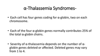 α-Thalassemia Syndromes-
• Each cell has four genes coding for α-globin, two on each
chromosome.
• Each of the four α-globin genes normally contributes 25% of
the total α-globin chains.
• Severity of α-thalassemia depends on the number of α-
globin genes deleted or affected. Deleted genes may vary
from 1 to 4.
 