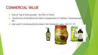 COMMERCIAL VALUE
 Cost of 1kg of Amla powder : Rs 750 ( In India)
 Constitutes of P.emblica are used in preparation of Triphala, Chyawanprash,
etc.
 Also used in cosmaceuticals product like shampoos, soap, hair oil, etc.
 
