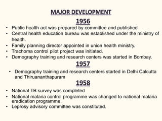 • Public health act was prepared by committee and published
• Central health education bureau was established under the ministry of
health.
• Family planning director appointed in union health ministry.
• Trachoma control pilot project was initiated.
• Demography training and research centers was started in Bombay.
• Demography training and research centers started in Delhi Calcutta
and Thiruananthapuram
• National TB survey was completed
• National malaria control programme was changed to national malaria
eradication programme.
• Leprosy advisory committee was constituted.
 